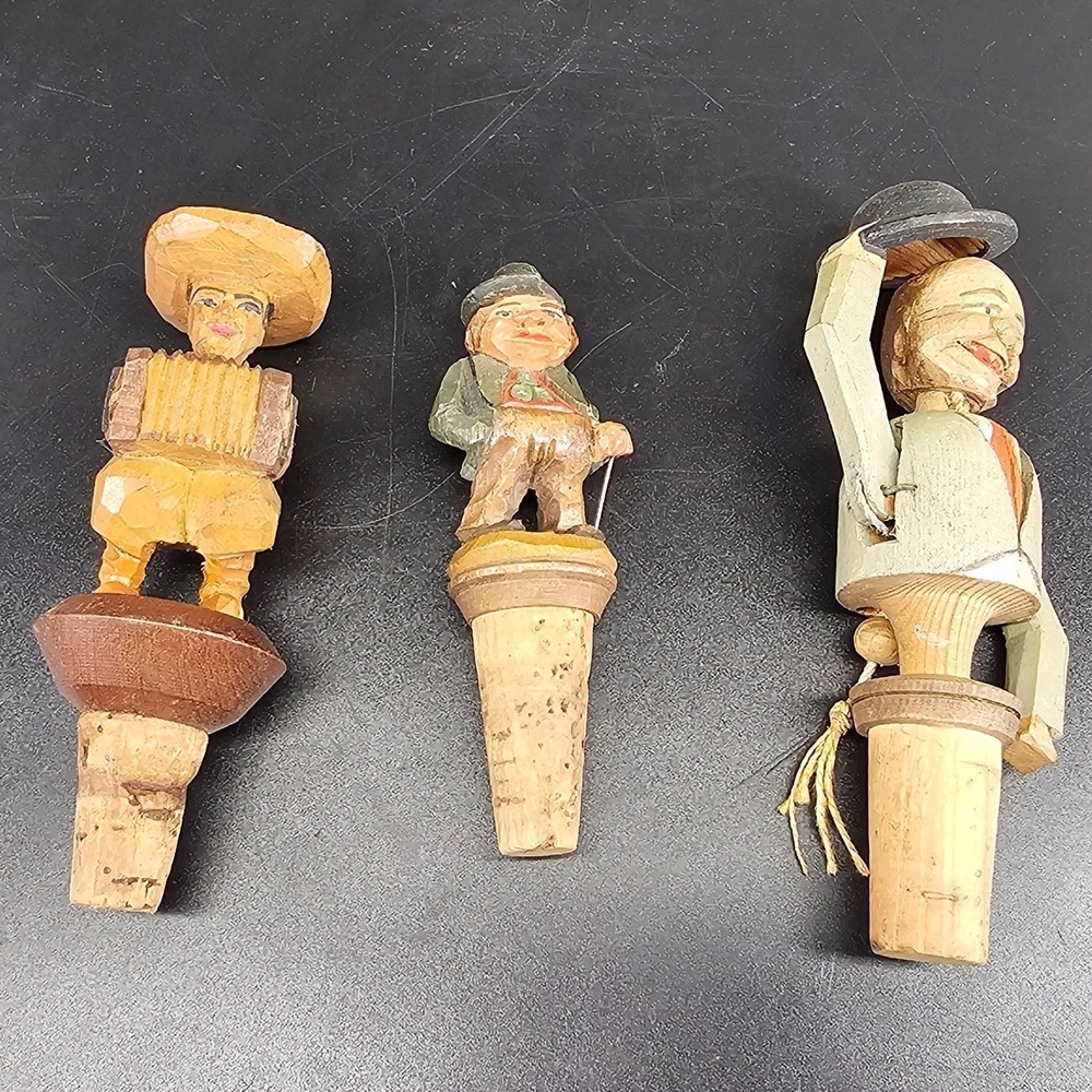 Bottle Stoppers Set of 3 Vintage Black Forest Hand Carved Wood Folk Art